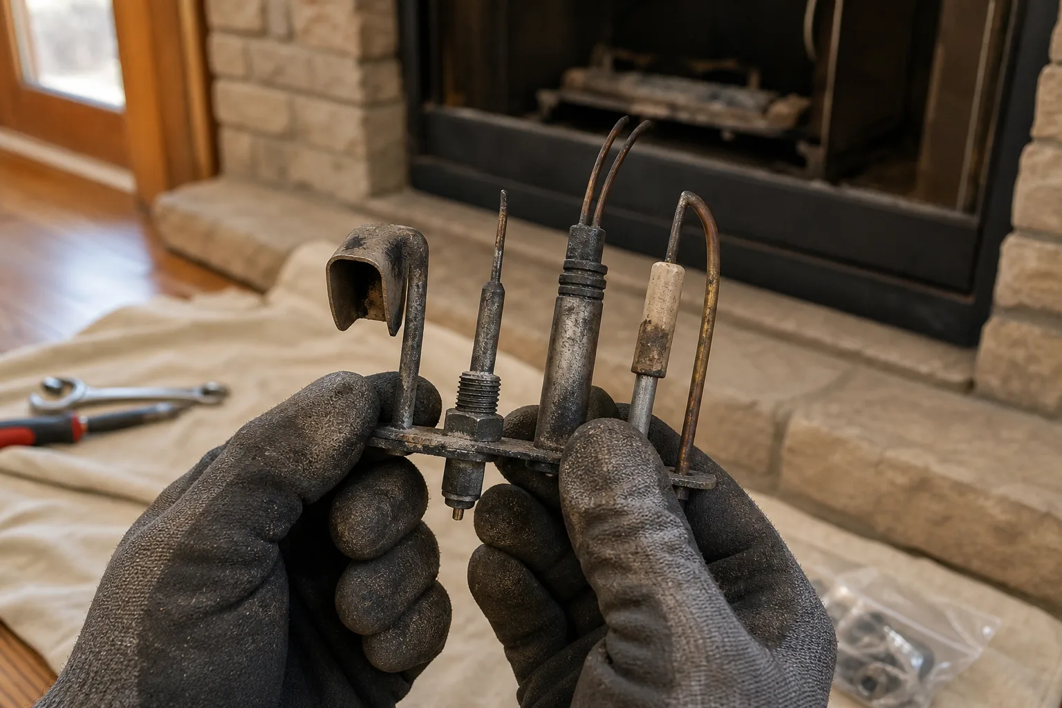 Gas fireplace repair cost by part: a sooty pilot assembly with thermocouple, thermopile and igniter removed from the firebox