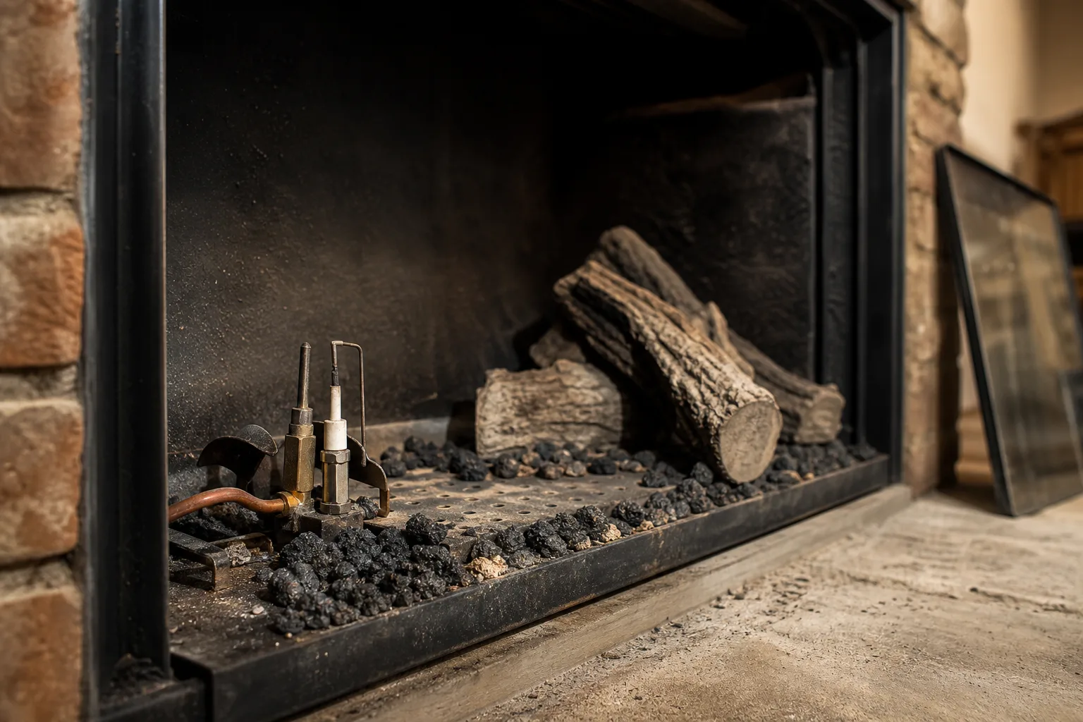 Gas fireplace repair cost by symptom: an open firebox with the burner and sooty pilot assembly exposed for diagnosis