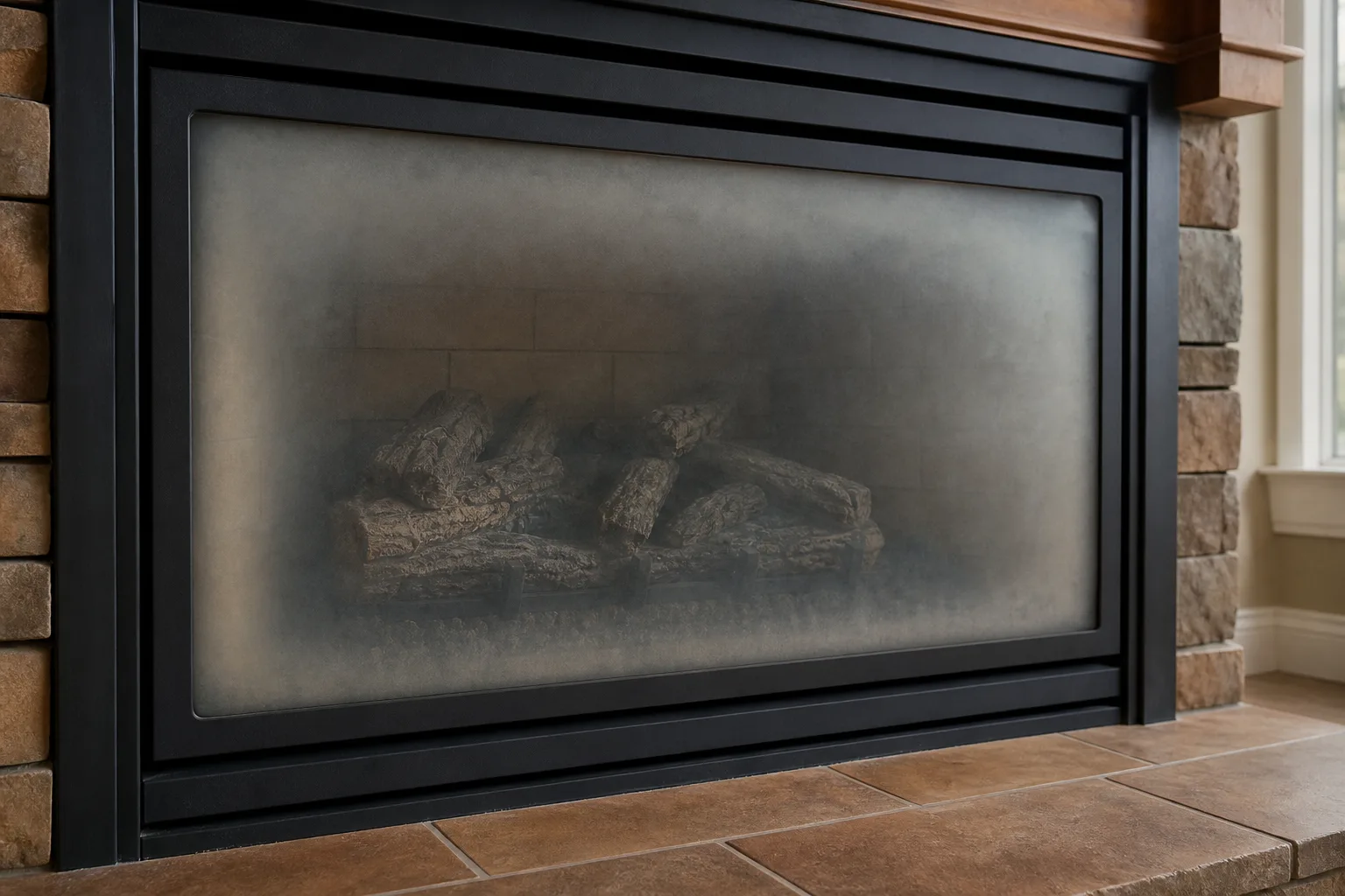 Gas fireplace repair cost for cosmetic work: a fogged, grey-filmed fireplace glass panel in typical condition