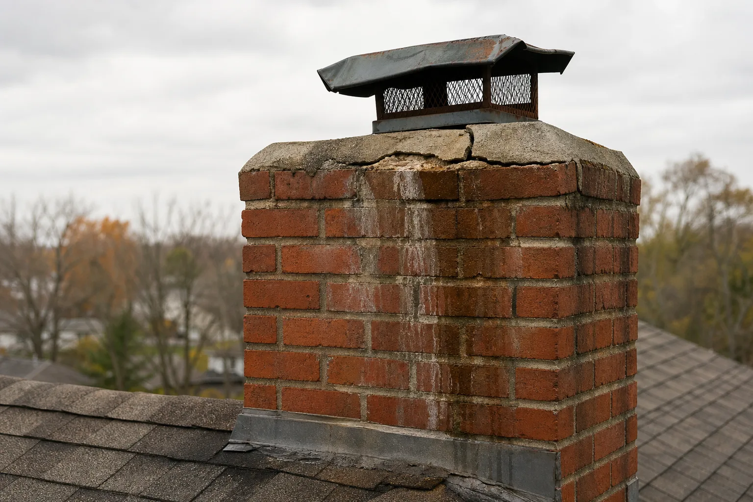 Firebox repair causes: a cracked chimney crown and damaged cap letting water into the masonry below