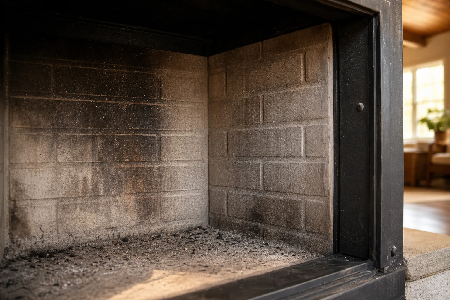 Firebox repair on a factory-built unit: flat refractory panels with a molded brick pattern and metal seams