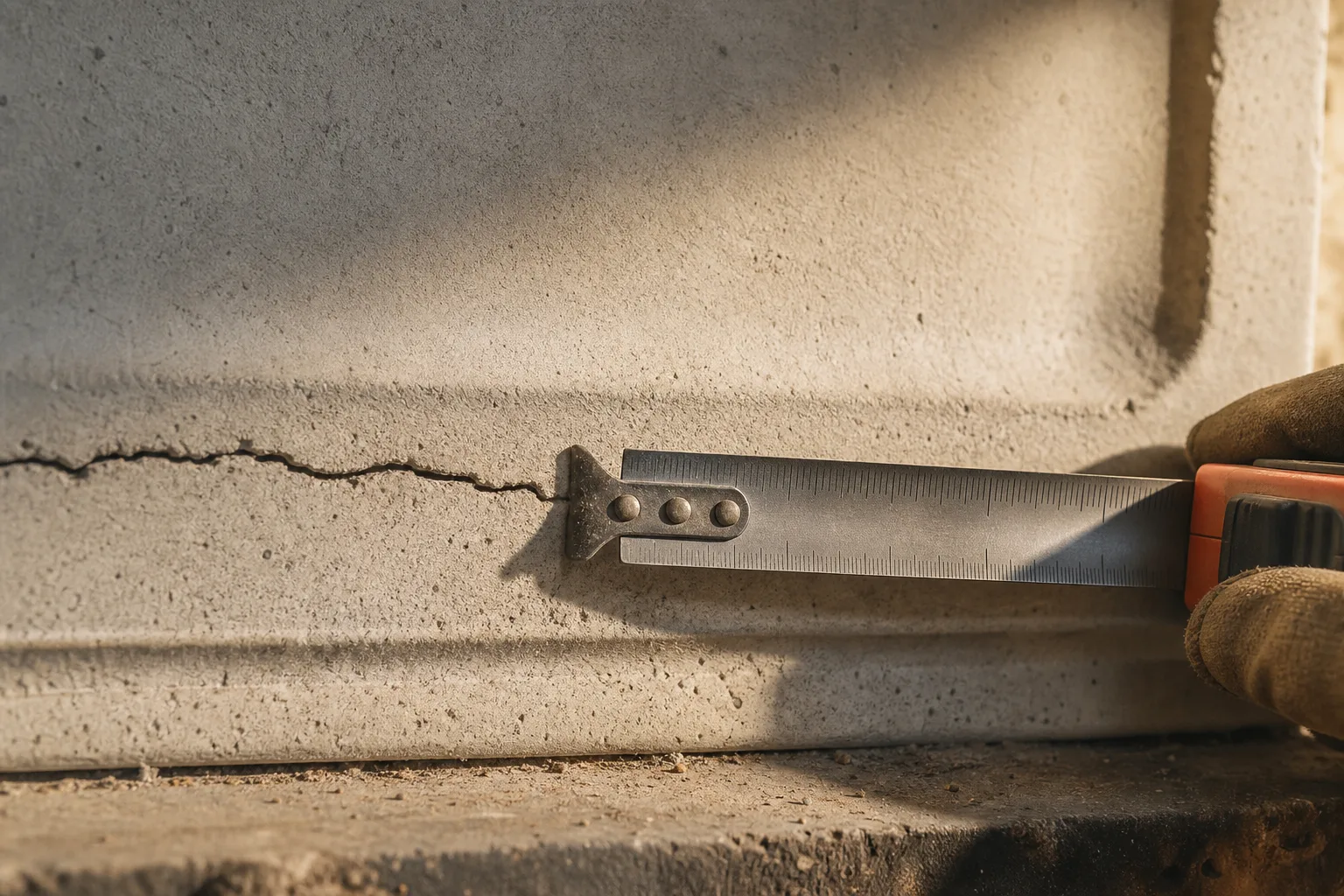 Firebox repair thresholds: measuring the width of a crack in a refractory panel with a tape measure