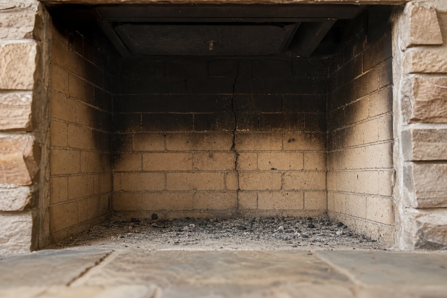 Firebox repair: a cracked, soot-blackened masonry firebox with pale firebrick and crumbling mortar joints