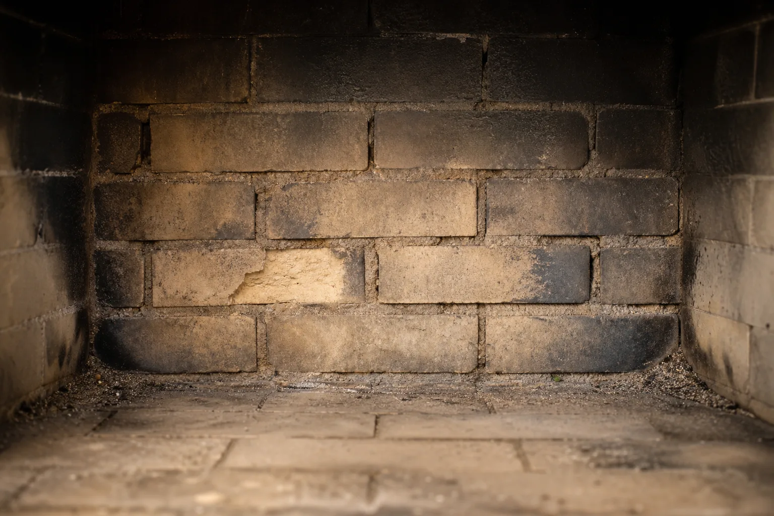 Firebox repair before: a worn masonry firebox back wall with crumbling joints and spalled firebrick
