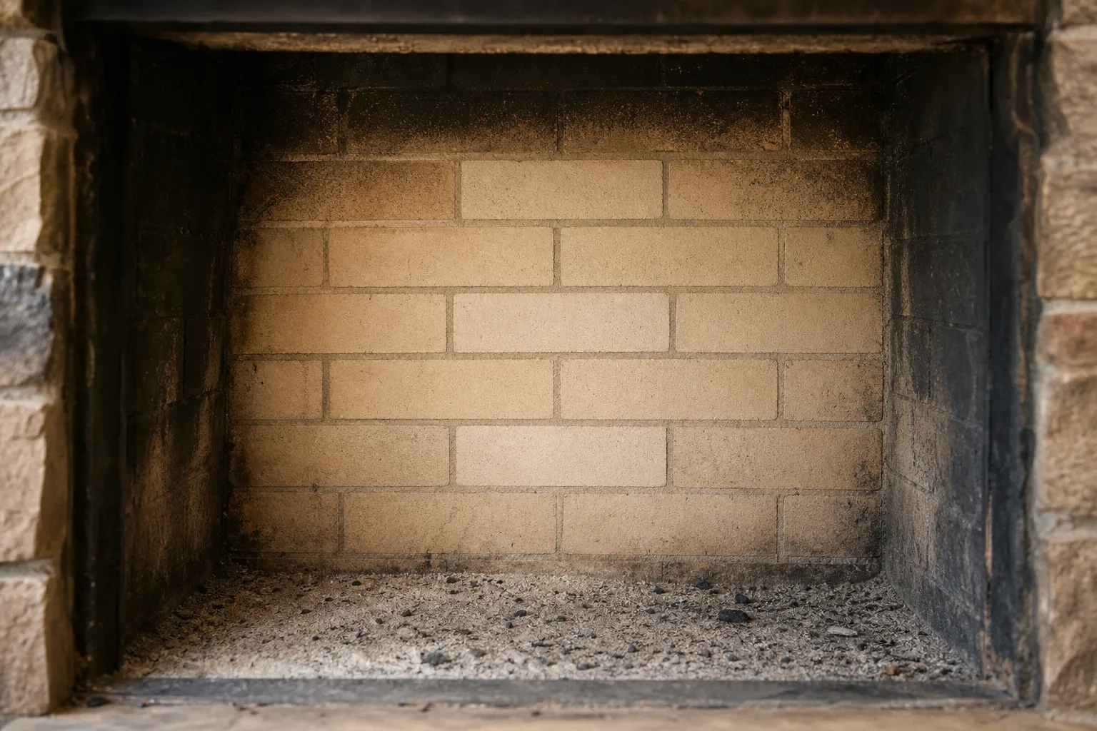 Firebox repair after: the same firebox back wall with replaced firebrick and fresh refractory mortar joints