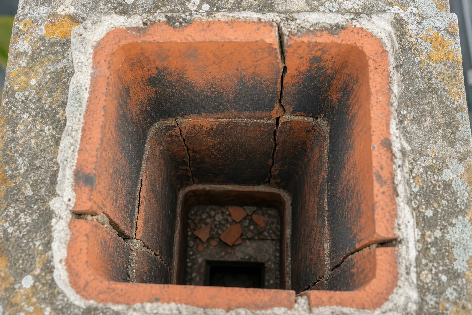 What is a chimney liner failure: a cracked clay flue tile with shifted joints and missing mortar