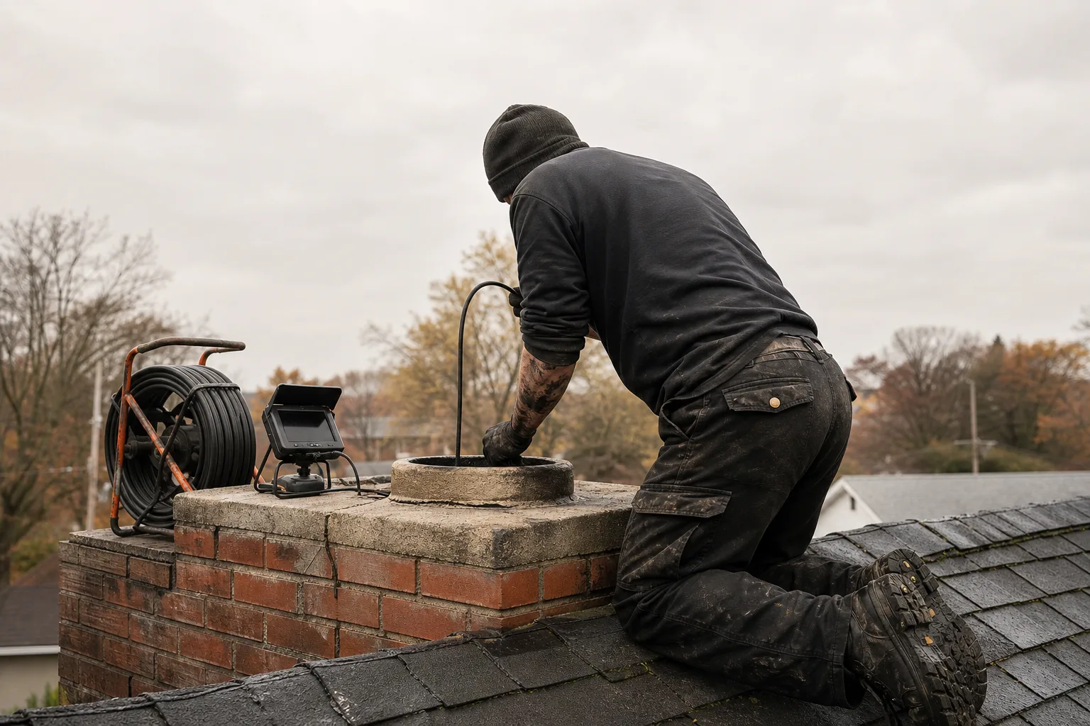 What is a chimney liner inspection: a sweep feeding a camera rod down the flue from the chimney crown