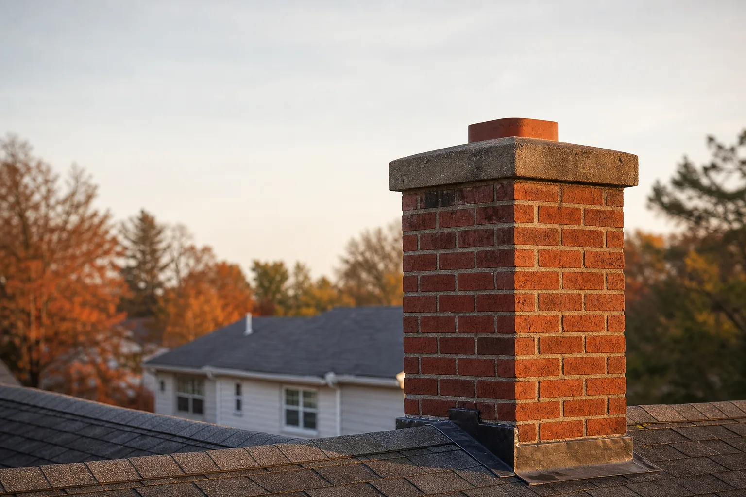 What is a chimney liner: a brick chimney stack with its terracotta flue tile visible at the concrete crown