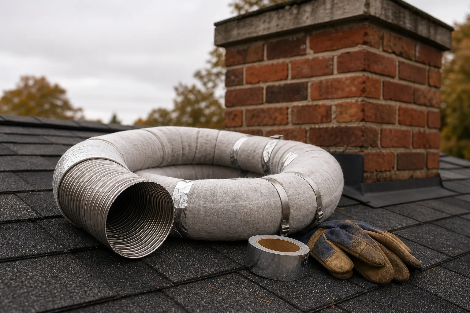 What is a chimney liner made of: a corrugated stainless steel liner wrapped in ceramic fiber insulation on a roof