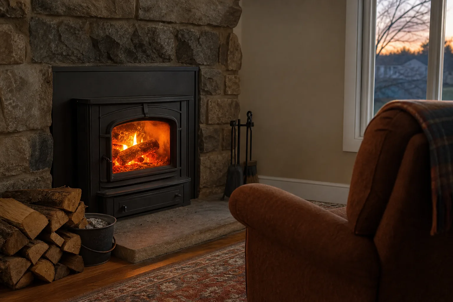 Wood stove insert burning in a living room hearth beside stacked split logs