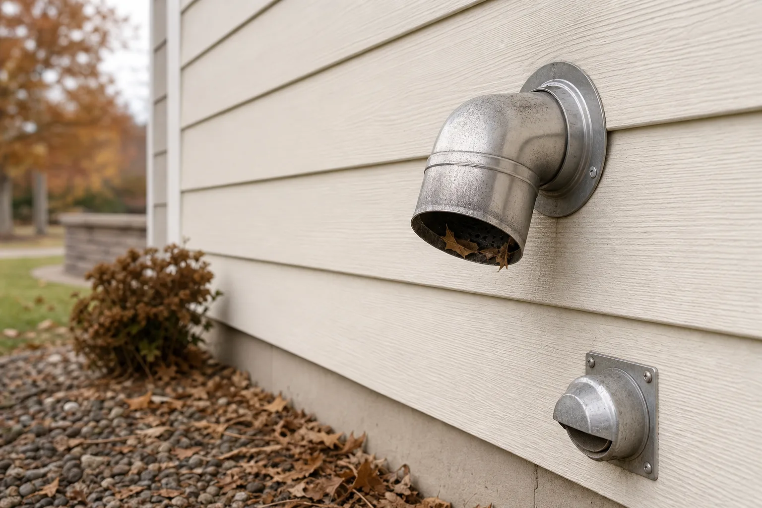 Stainless pellet stove vent and gas termination cap on home siding streaked with ash