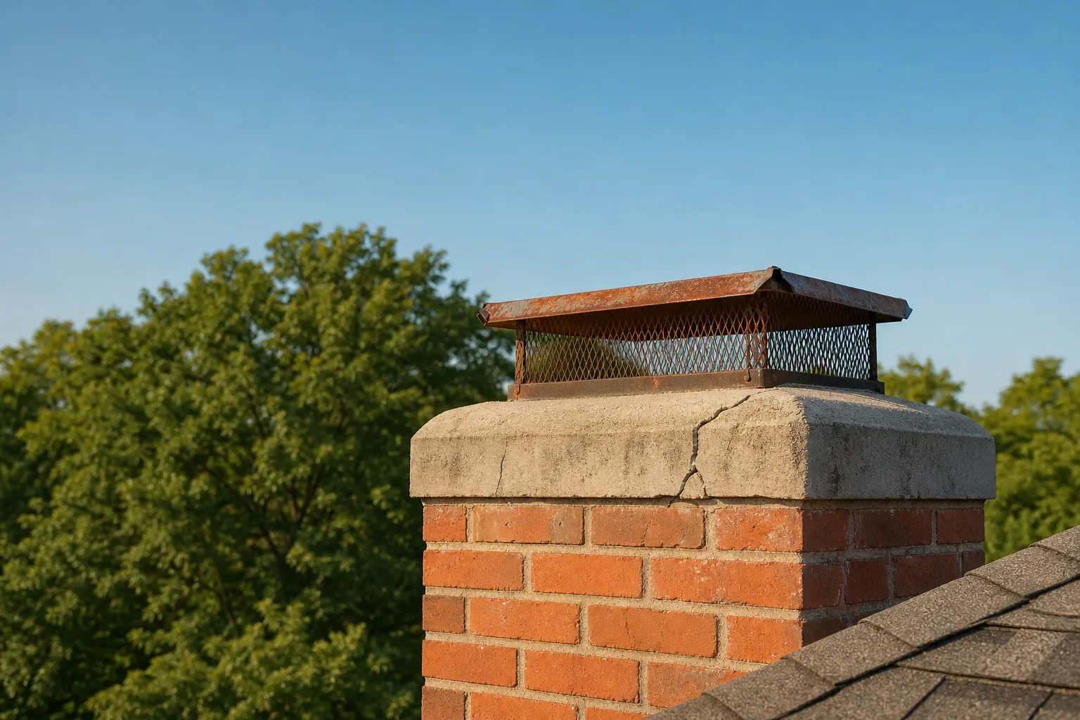 Brick chimney in summer sunlight with a rusted cap and cracked concrete crown