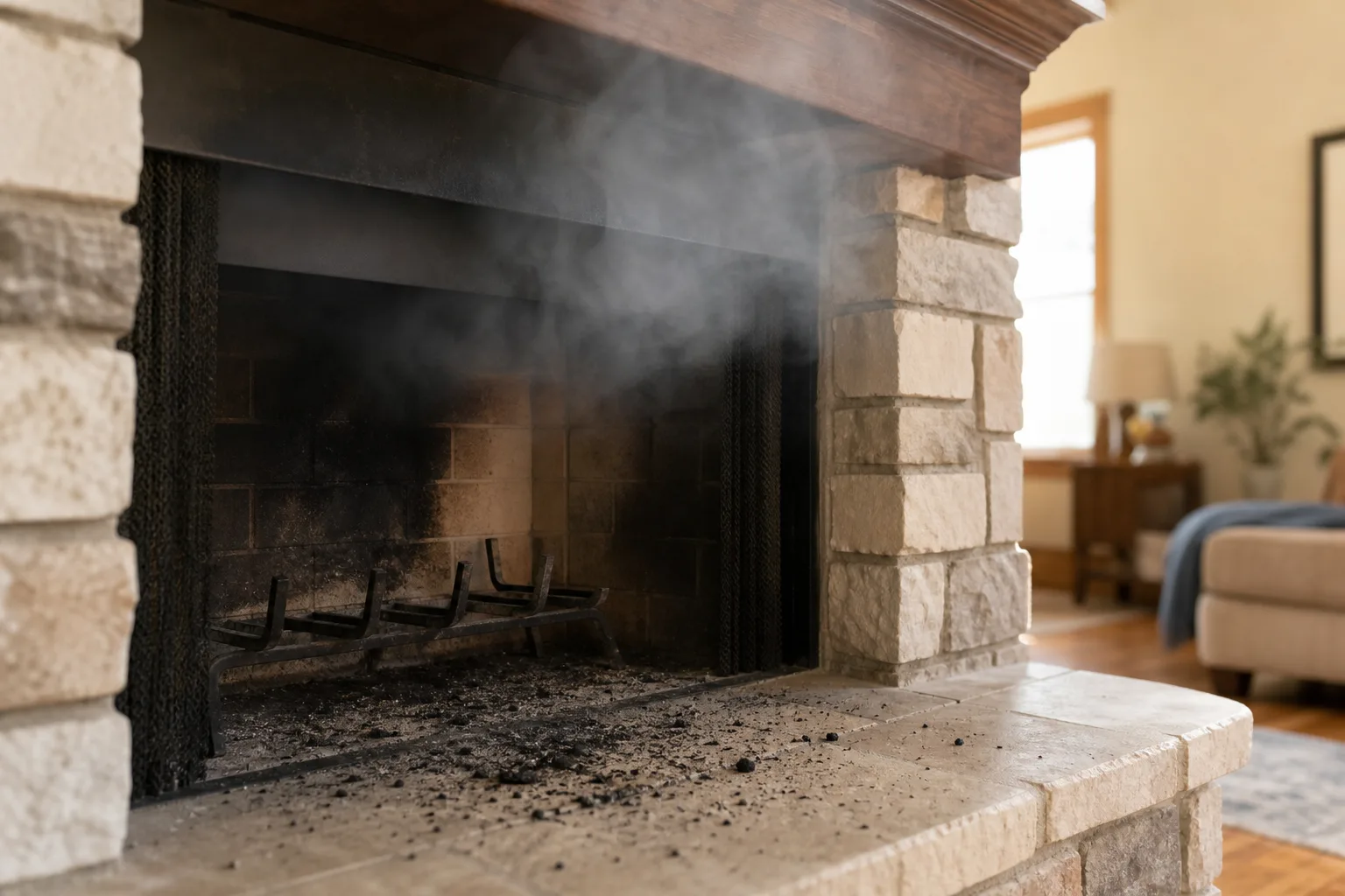 Smoke rolling out of a fireplace opening with black flakes scattered on the hearth
