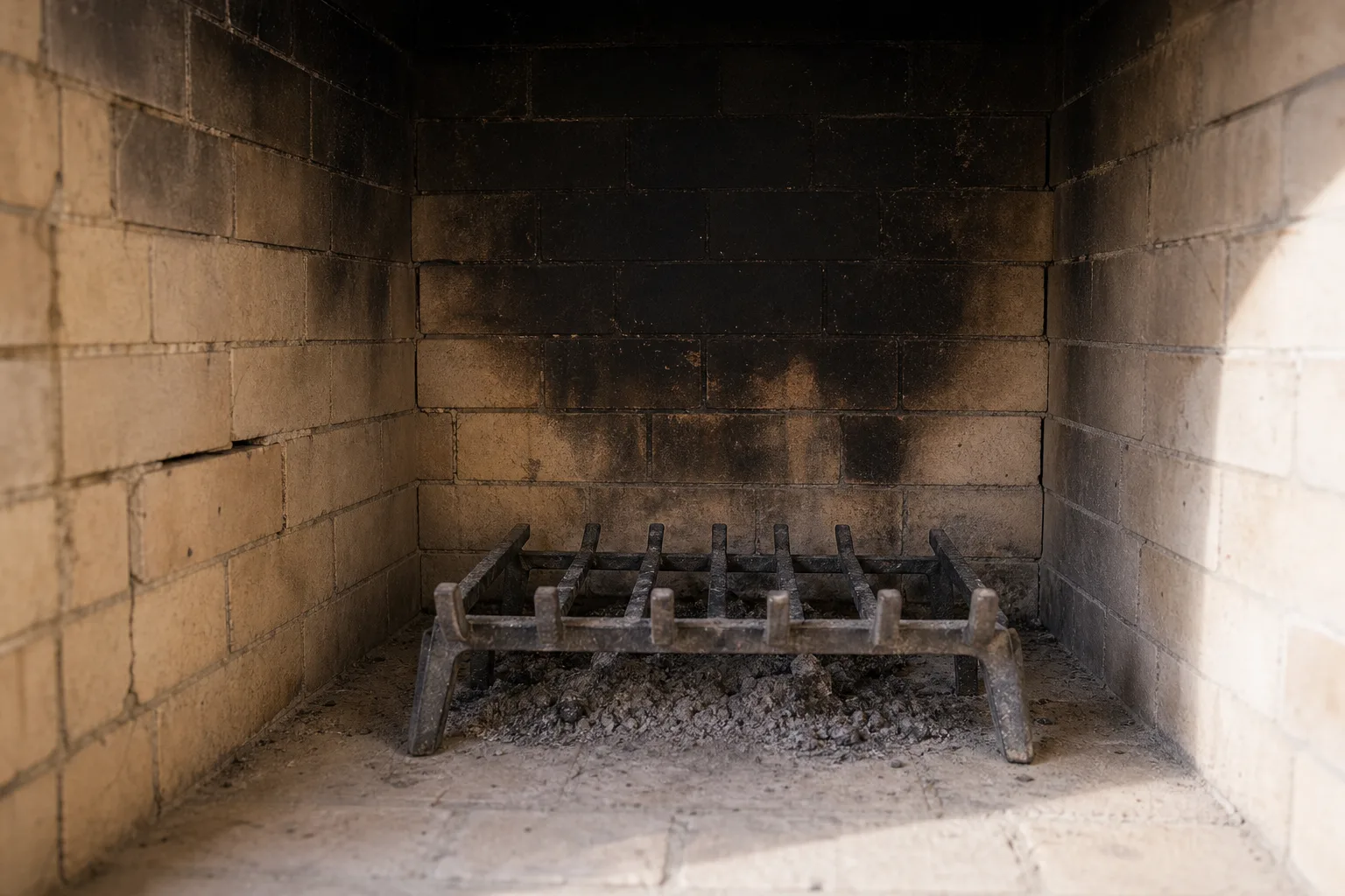 Chimney parts at the bottom of the system: a firebrick firebox with soot on the back wall