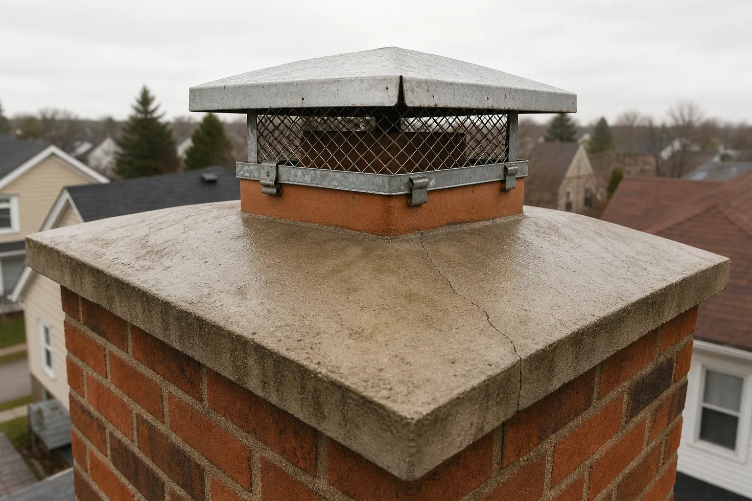 Chimney parts at the top of a masonry chimney: a concrete crown, flue tile and metal cap
