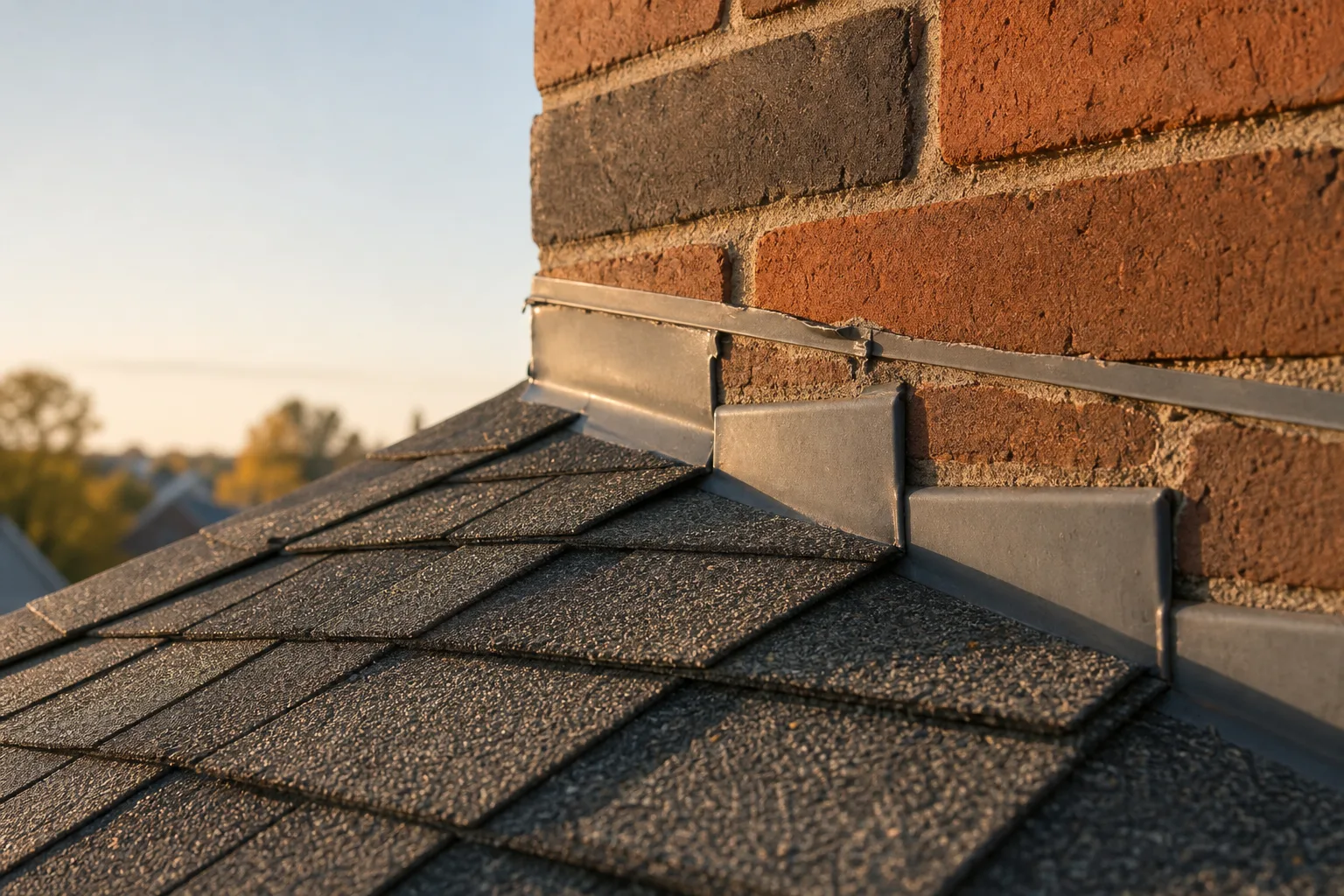 Chimney parts that handle water: step flashing and counter flashing where the chimney meets the roof