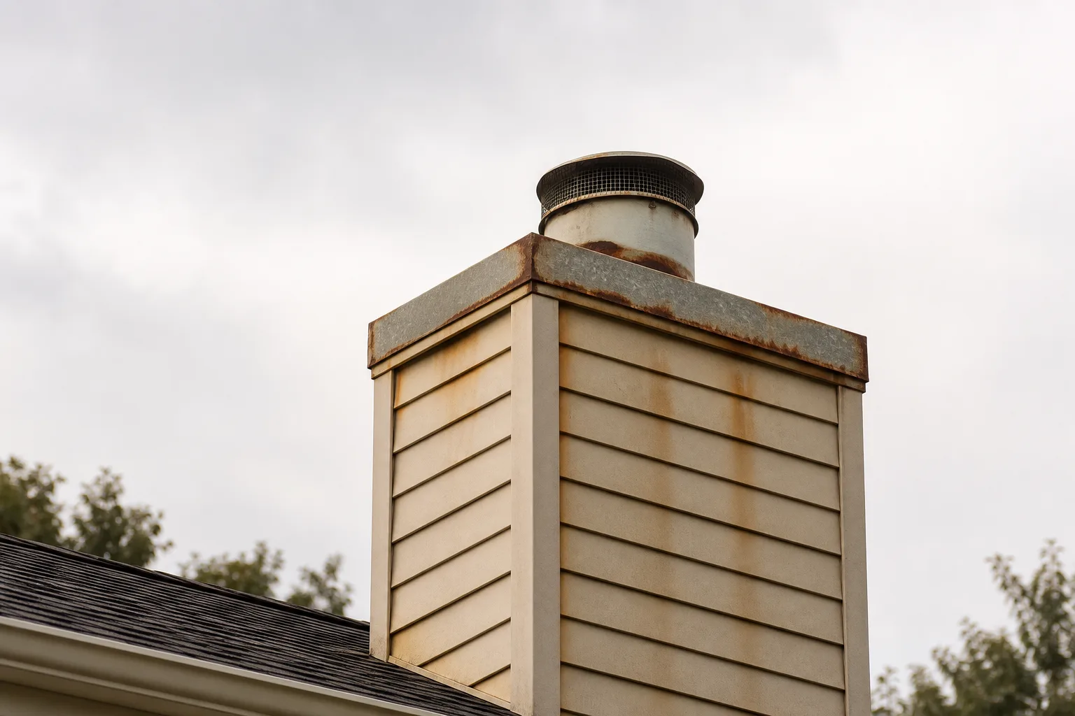 Chimney parts on a factory-built chimney: a galvanized chase cover with rust streaking the siding