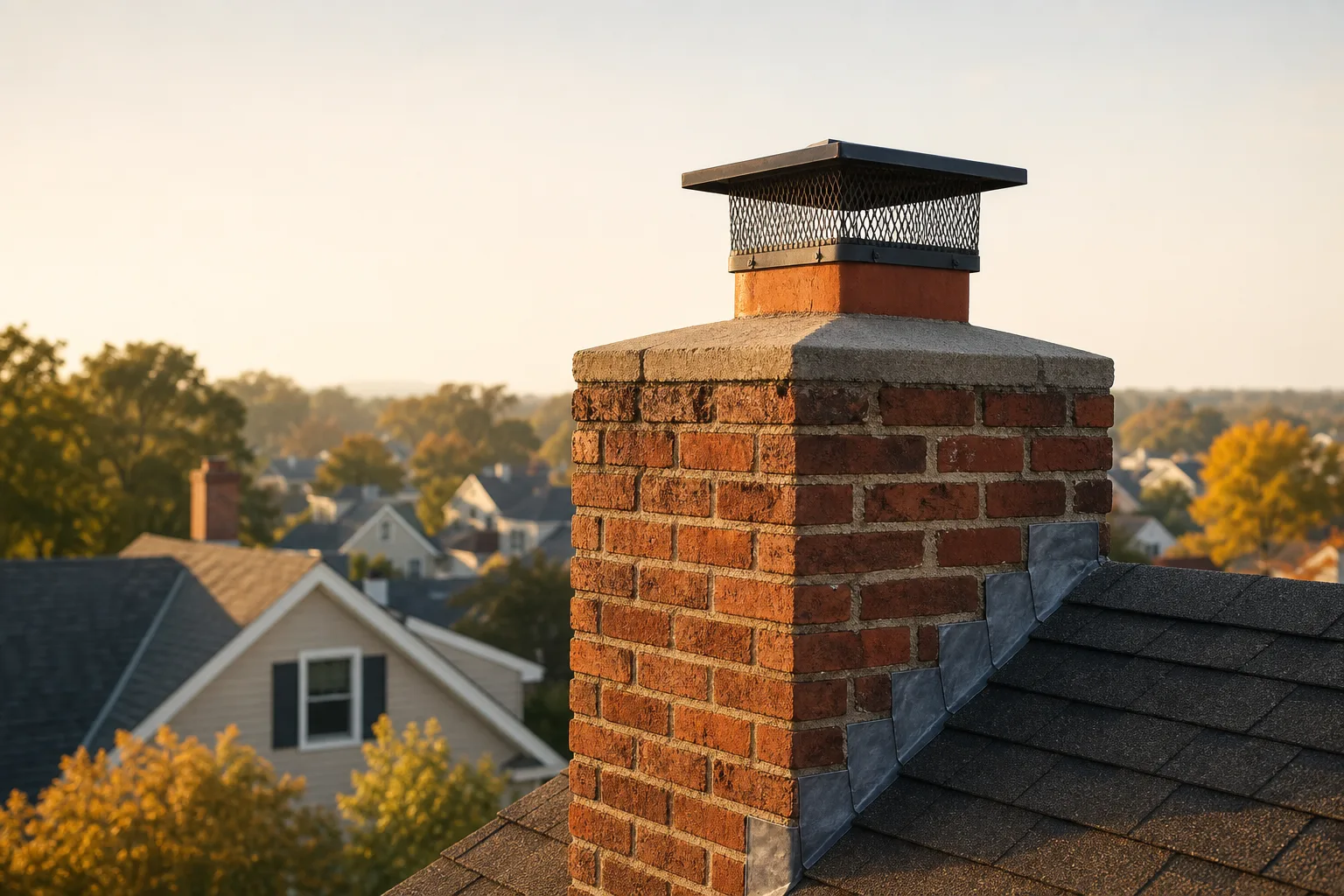 Chimney parts visible on a brick masonry chimney: crown, flue tile, metal cap and roof flashing