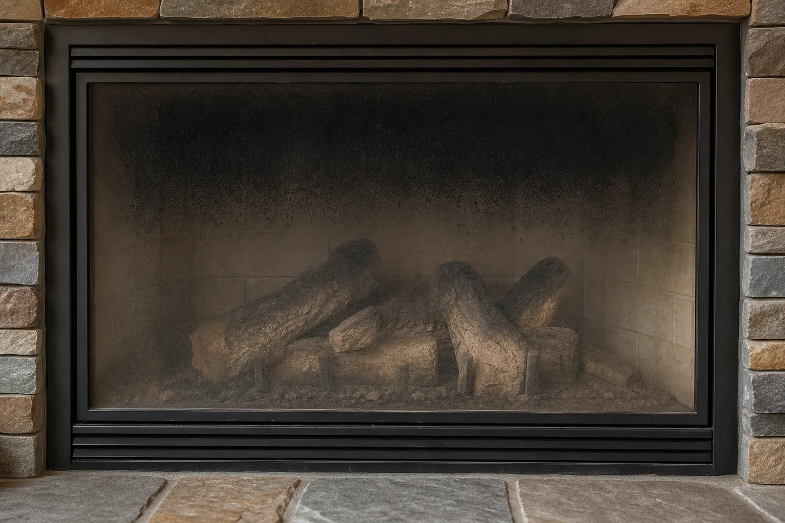 Gas fireplace smells: black soot coating the inside of a gas fireplace glass panel, heaviest at the top