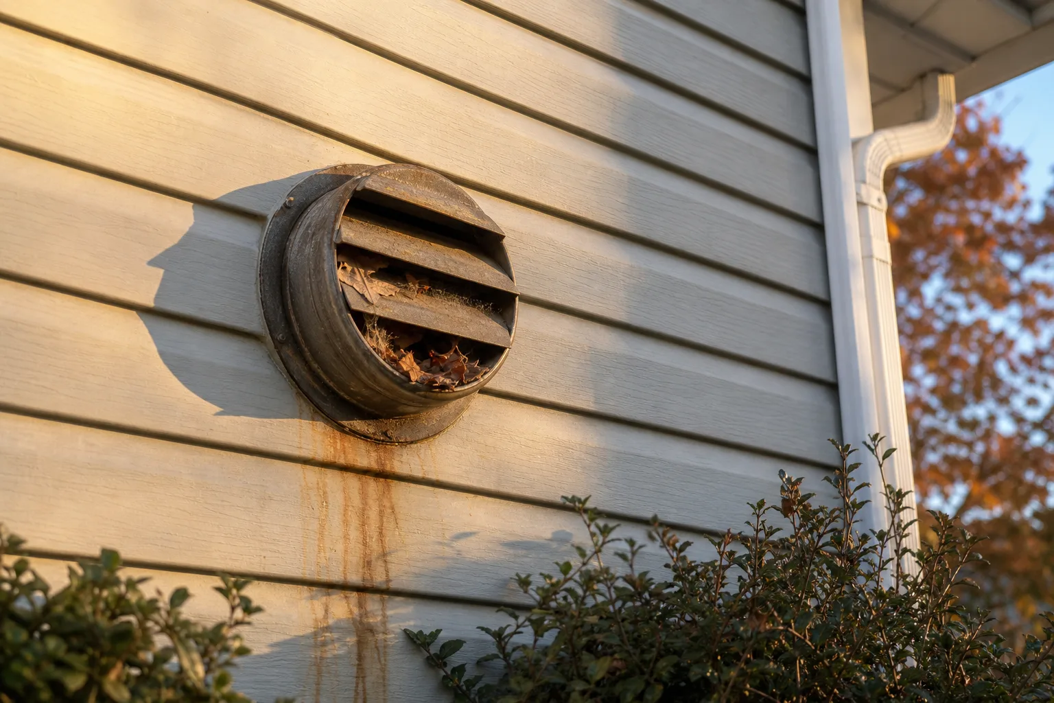 Gas fireplace smells: a weathered stainless sidewall vent termination on vinyl siding with leaves packed into the louvers