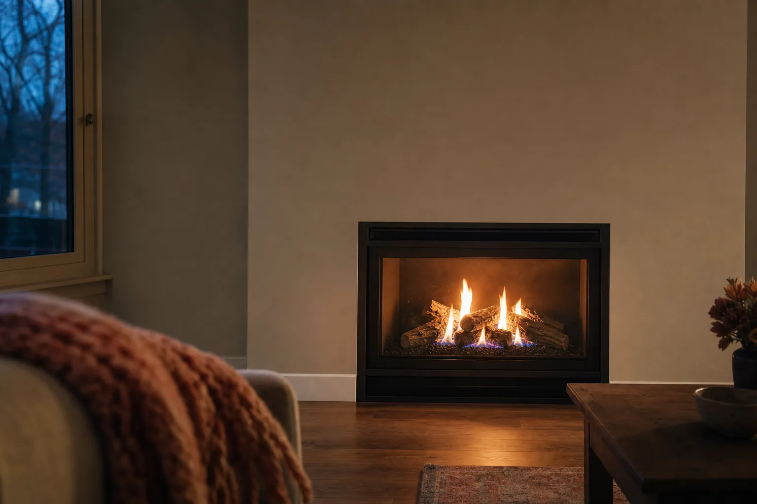 Gas fireplace smells: a direct-vent gas fireplace burning behind fixed glass in a dim living room on a cold autumn evening