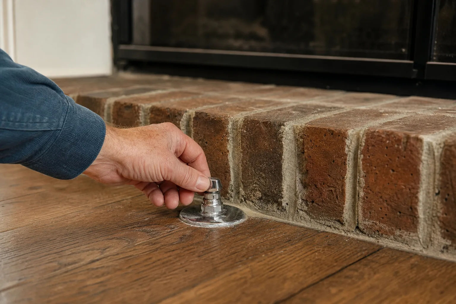 Gas fireplace smells: the chrome quarter-turn gas shutoff valve in the floor beside a fireplace hearth