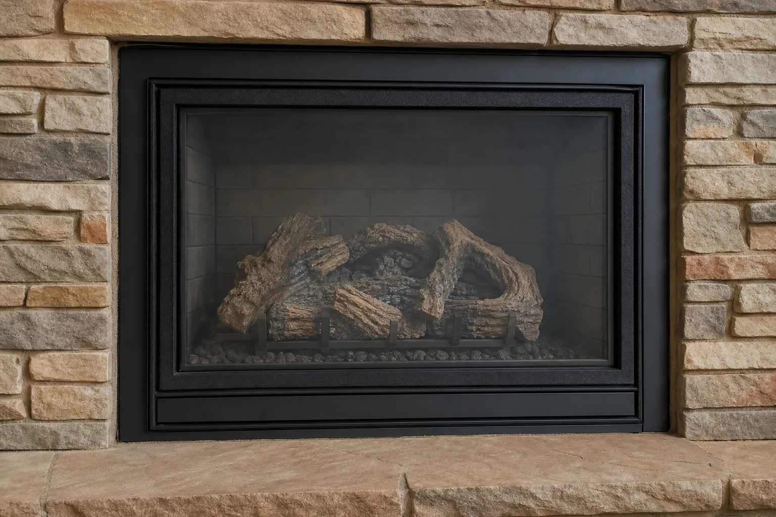 Gas fireplace smells: the same gas fireplace glass in sound condition with clean ceramic logs and no soot