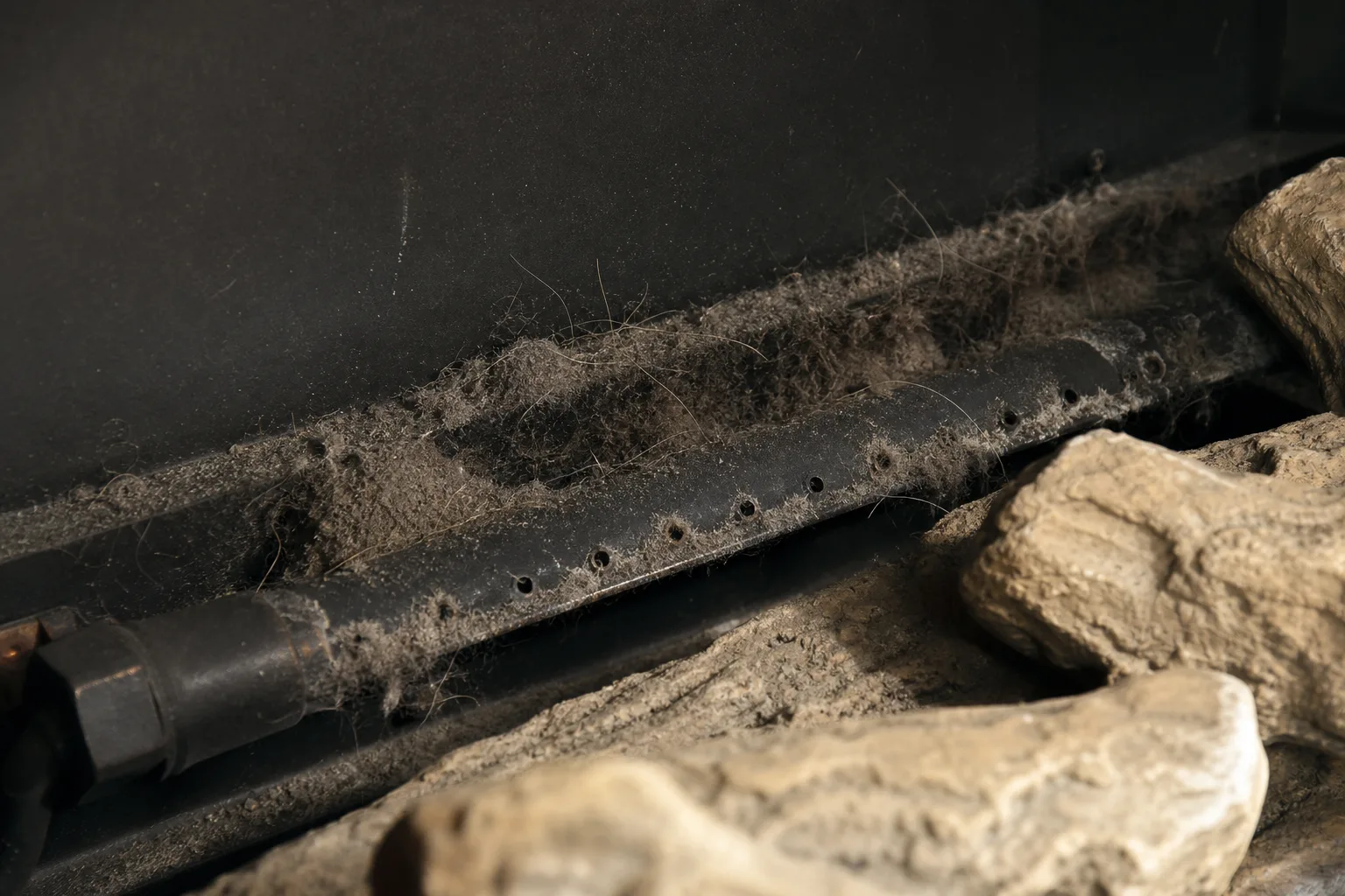 Gas fireplace smells: household dust and lint built up on the burner tube and ceramic logs inside a cold firebox