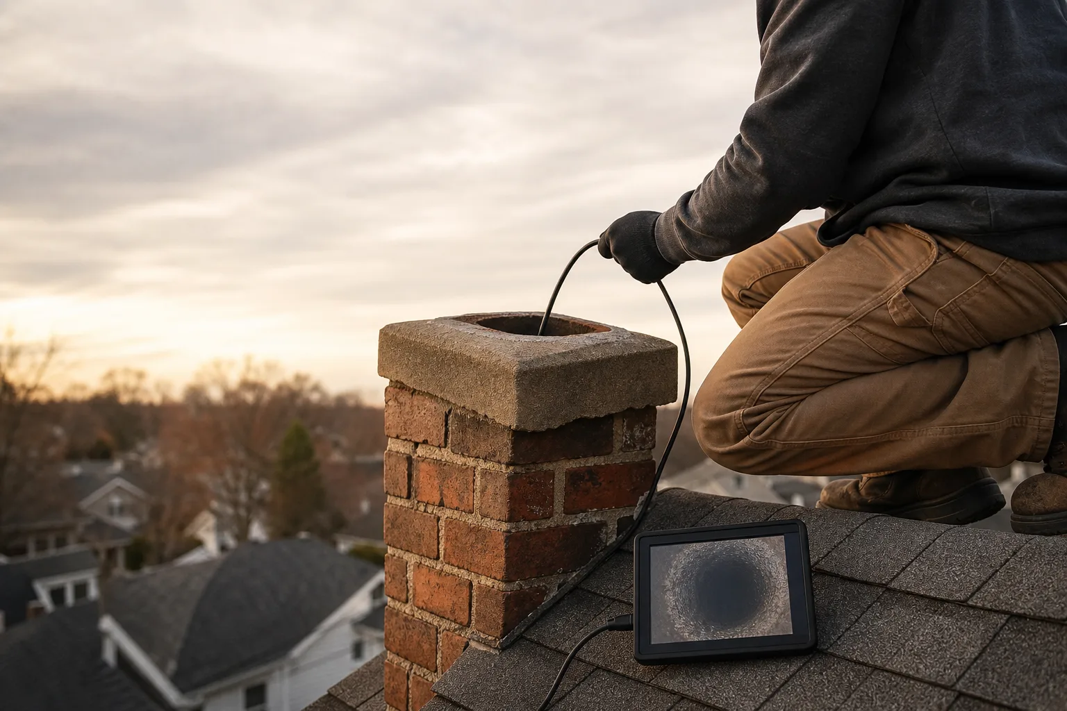 Fireplace sweepers near me use a flue camera on the roof to document interior chimney conditions during a Level 2 inspection