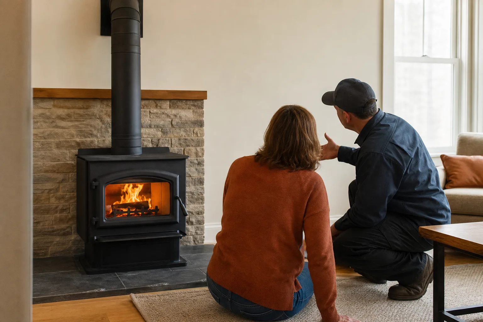 Wood stove installation near me: homeowner and installer beside a newly installed wood stove