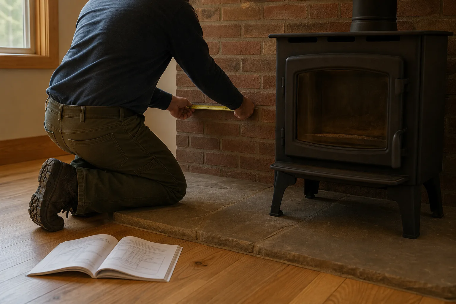 Wood stove installation near me: technician measuring clearance from the stove to the wall