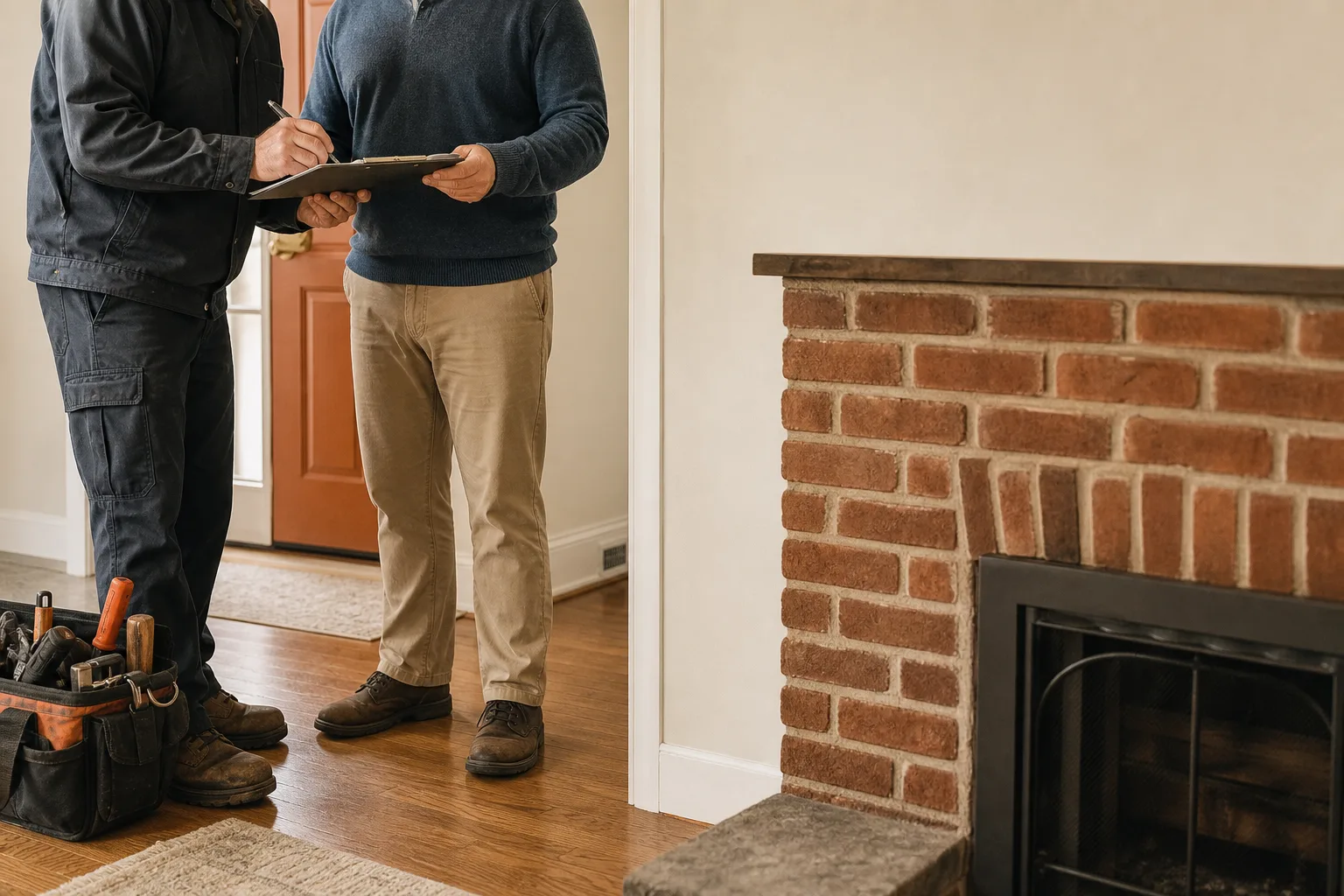 Wood stove installation near me: inspector and installer reviewing permit paperwork in a home