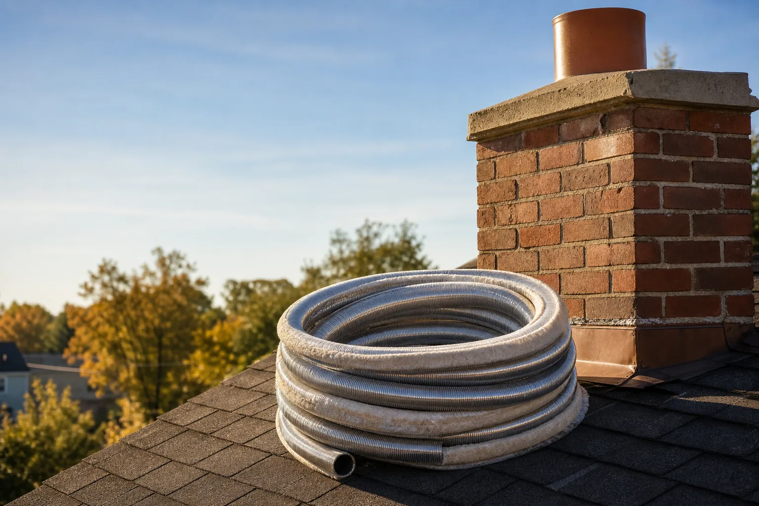Wood stove installation near me: insulated stainless chimney liner on a roof beside a brick chimney