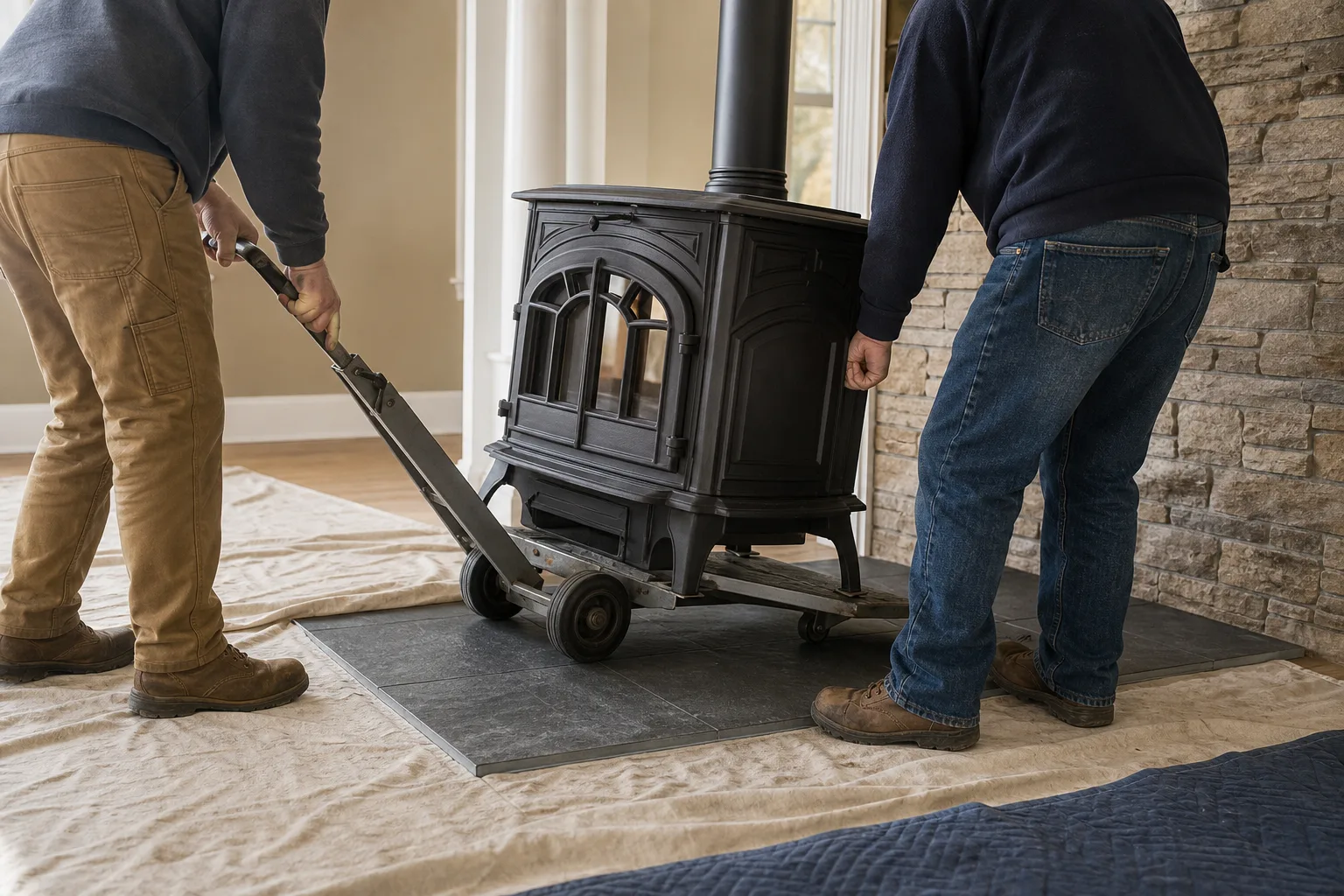 Wood stove installation near me: installers moving a wood stove onto a hearth pad on installation day