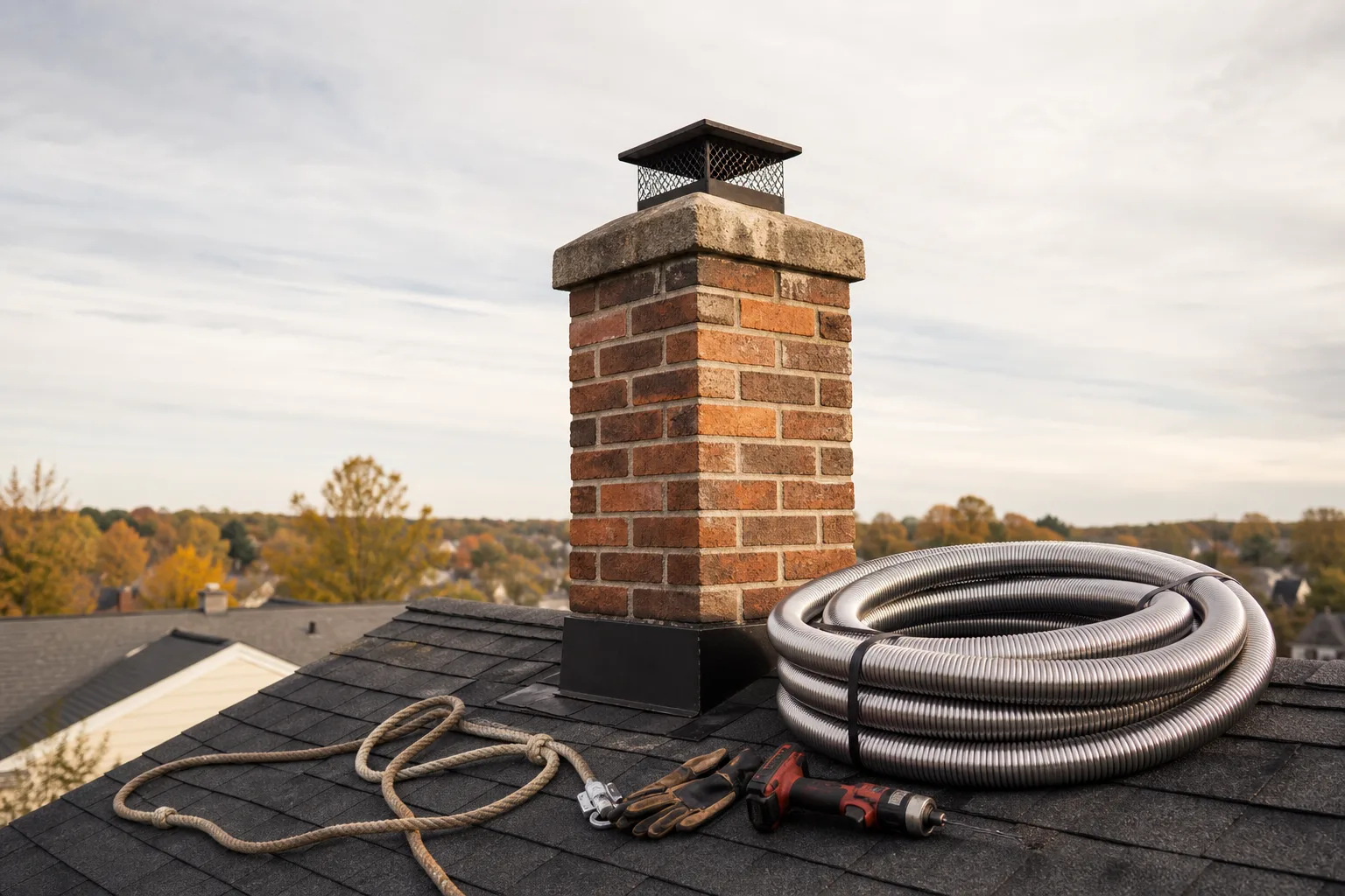 Chimney liner installation on a residential roof, a coil of flexible stainless liner staged beside a brick chimney