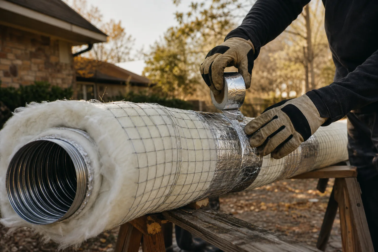 Chimney liner installation insulation step: insulation wrap being secured around a flexible stainless liner before it goes down the flue