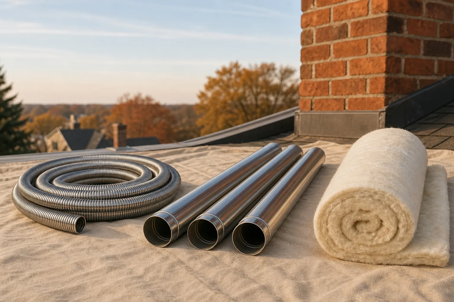 Chimney liner installation materials: flexible stainless liner, rigid stainless sections, and insulation wrap laid out side by side on a work tarp