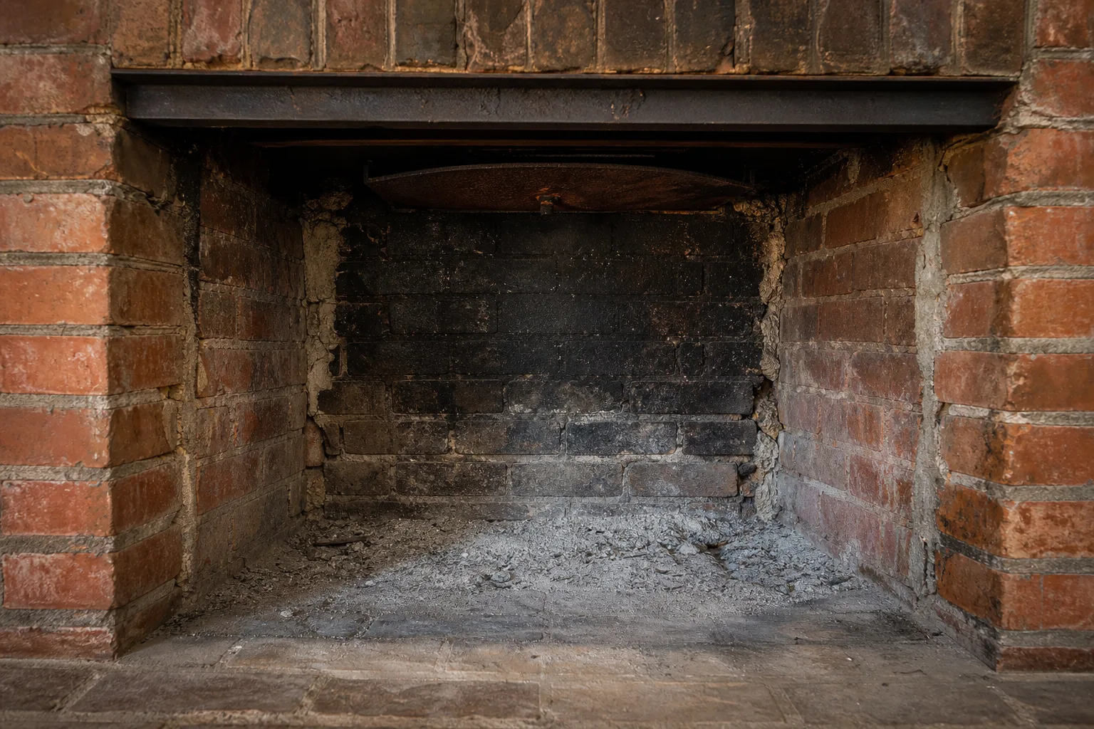 fireplace insert with blower not yet installed, showing the empty sooted masonry firebox and rusted damper it will replace