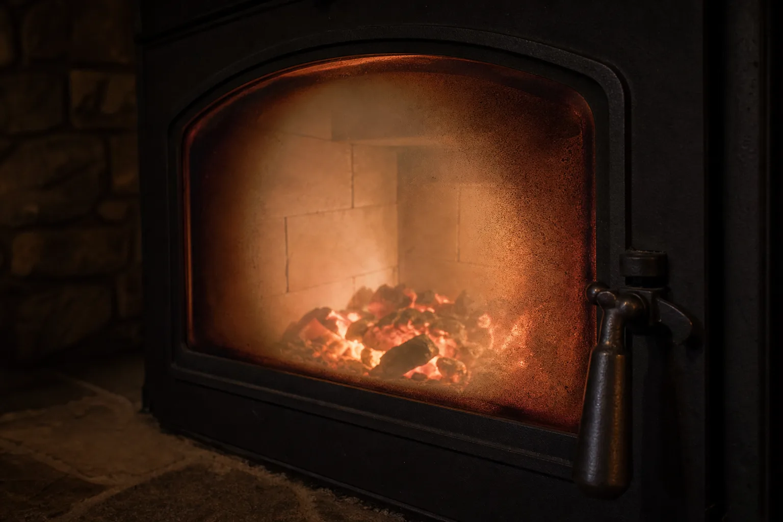 fireplace insert with blower burning wood, seen through the ceramic glass door with soot shading at the edges