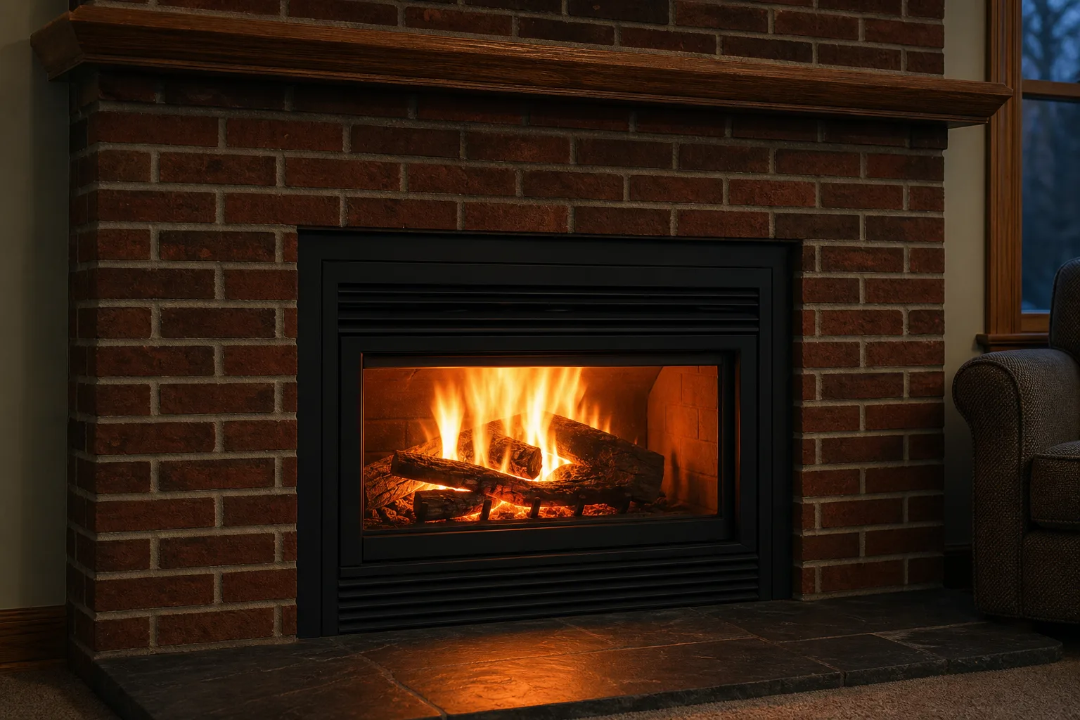 fireplace insert with blower after installation in the same masonry fireplace, trim panel fitted and fire burning