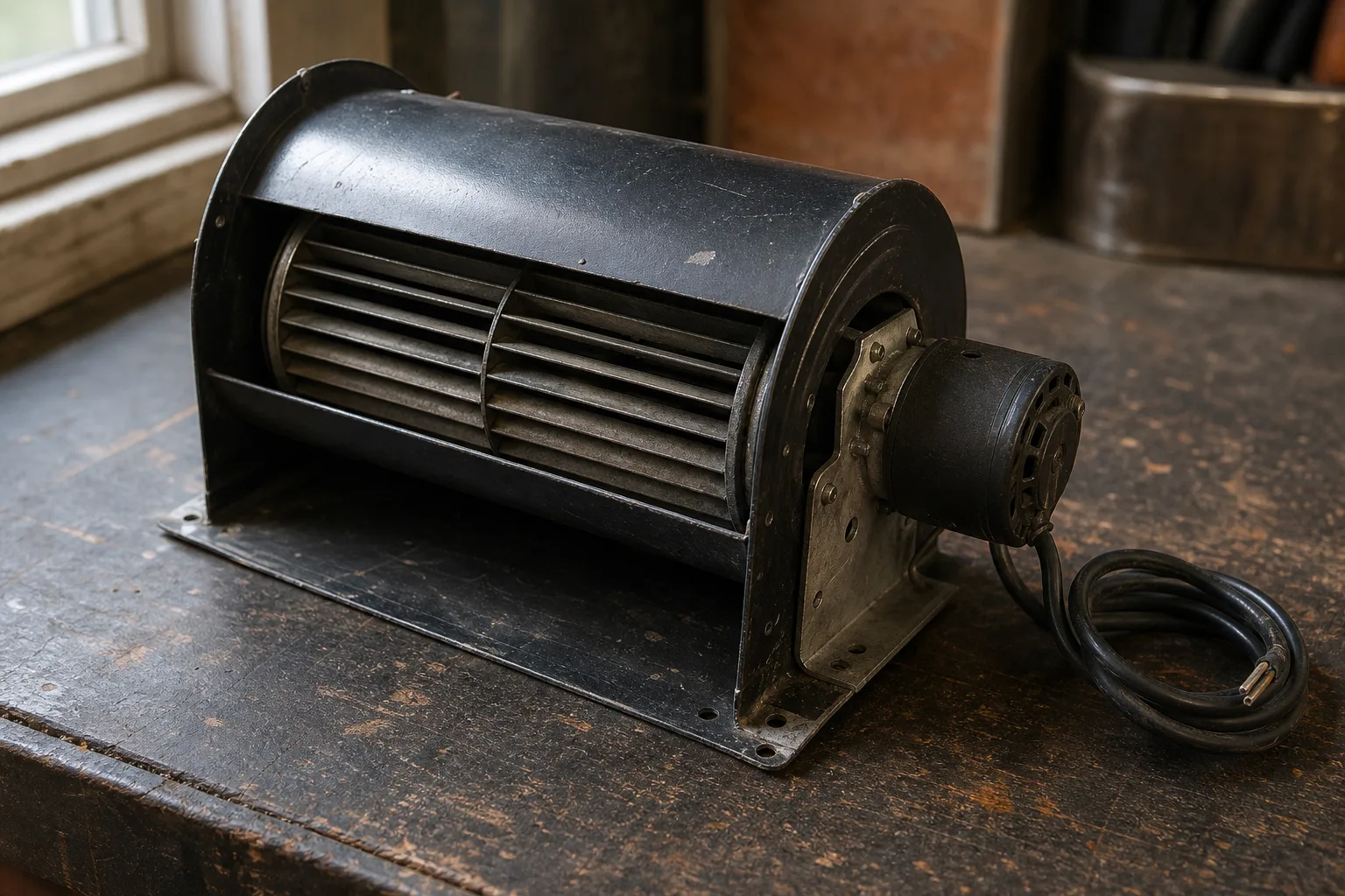 fireplace insert with blower fan unit, a squirrel cage assembly in its scroll housing on a workshop bench