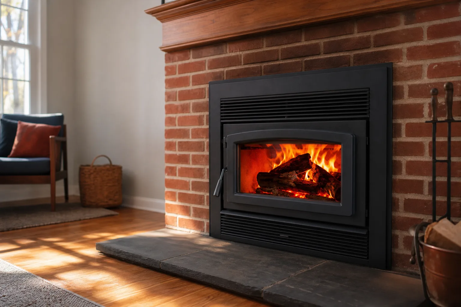 fireplace insert with blower installed in a red brick masonry fireplace with a fire burning behind the glass door