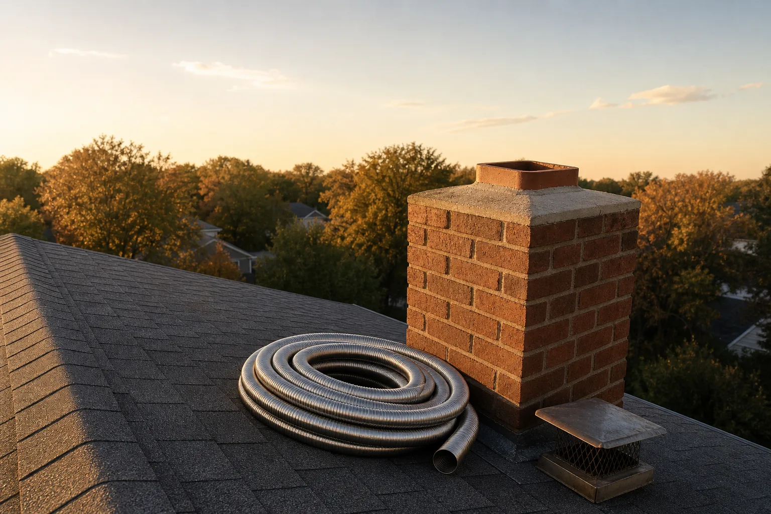 fireplace insert with blower requires a full length stainless steel liner, shown coiled at the open clay flue on the chimney top