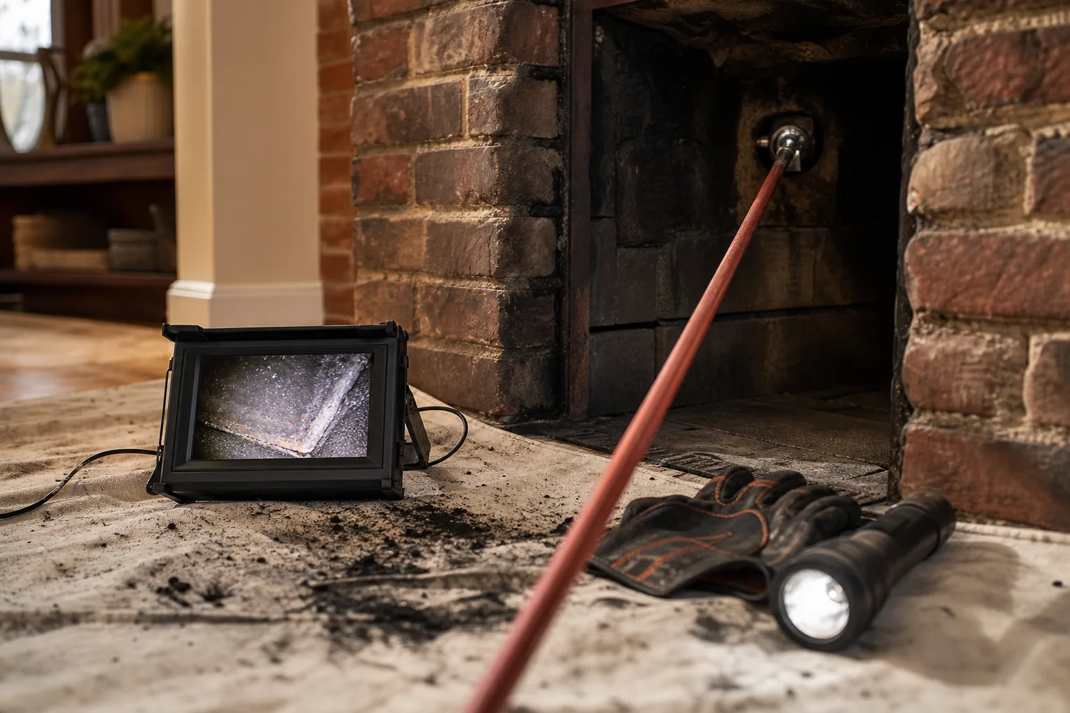 chimney inspection ct: flue camera on a rod entering a firebox with the monitor showing clay tile