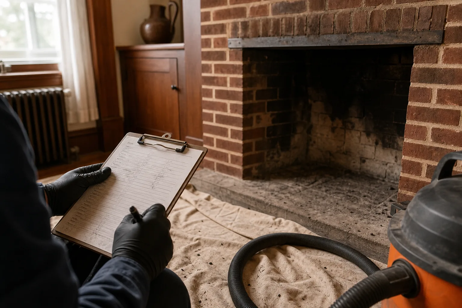 chimney inspection ct: inspection form on a clipboard beside an open sooty firebox