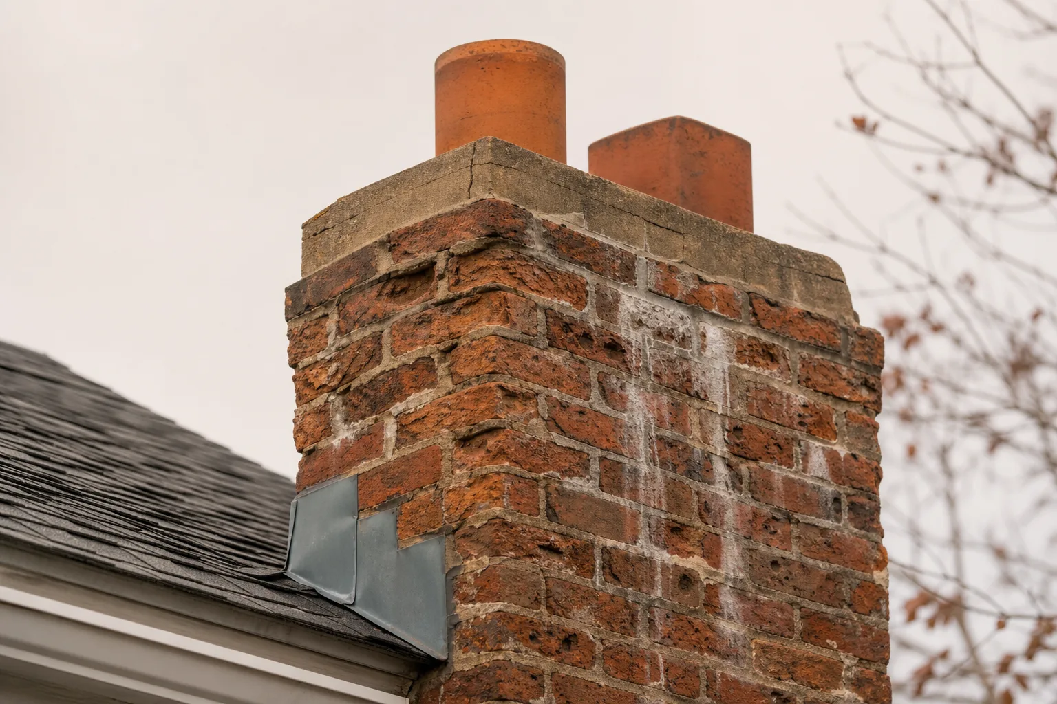 chimney inspection ct: spalled brick, eroded mortar joints and efflorescence on an old chimney