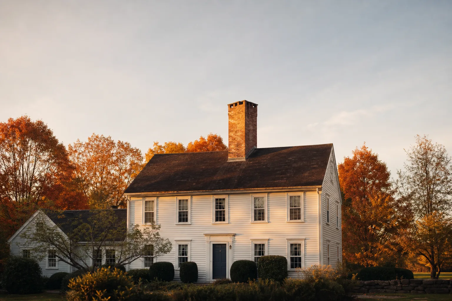 chimney inspection ct: brick chimney stack on a Connecticut colonial house in autumn light