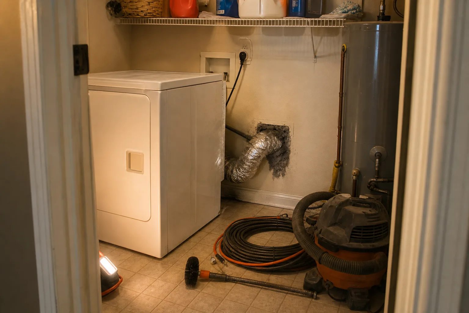 chimney and dryer vent cleaning: a dryer pulled out revealing a crushed lint packed transition duct