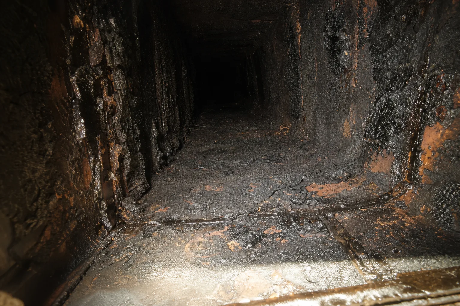 chimney and dryer vent cleaning: creosote buildup coating the clay flue tile inside a chimney