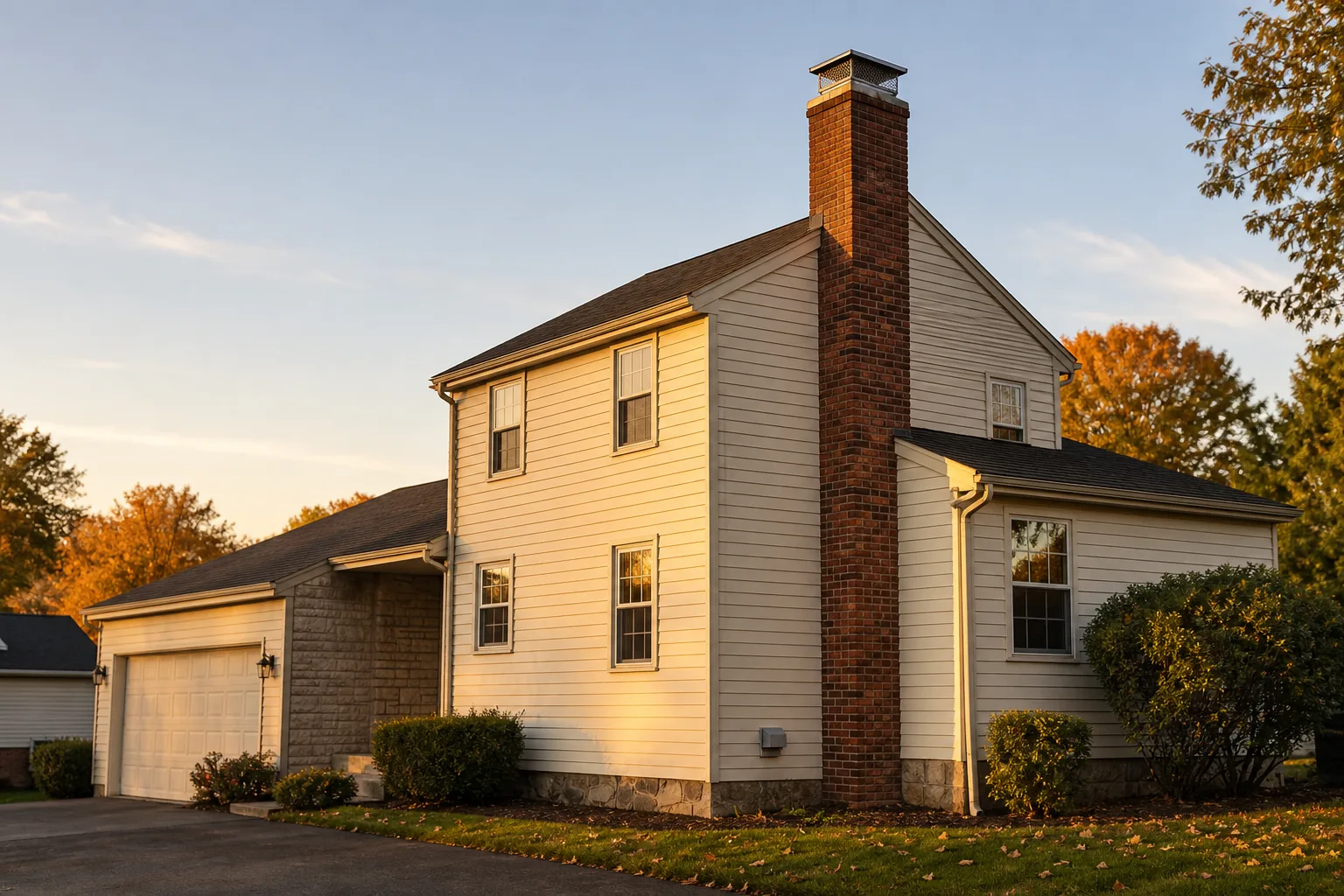 chimney and dryer vent cleaning: a brick chimney and an exterior dryer vent hood on the same American house
